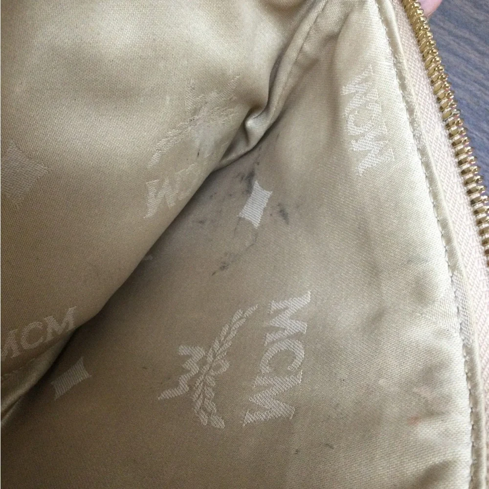 GUC. MCM Beige Logo Canvas Shoulder Bag with Tan Trim